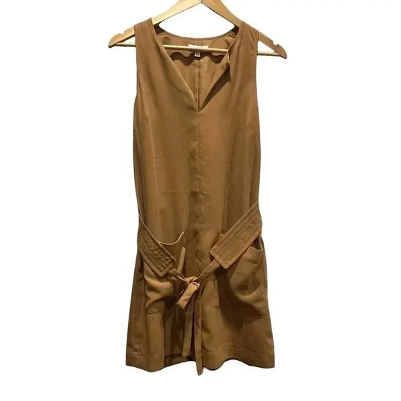 JOIE Puck Tie Waist Lined Keyhole Crepe Mini Dress in Oak Size S - Picture 2 of 12